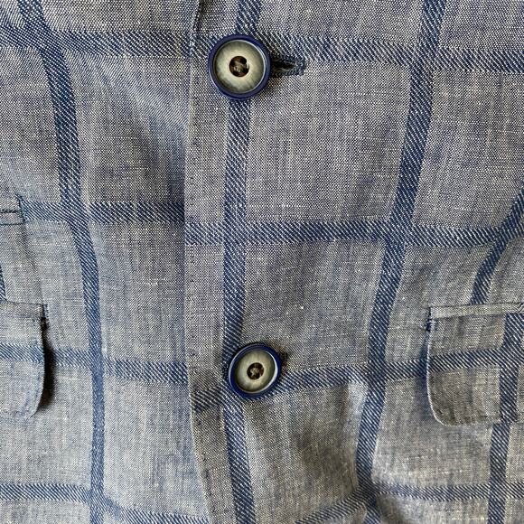 Tallia Men Linen Blend Windowpane Plaid Blazer Sport Coat 38R Blue Pocket Square - Picture 7 of 14